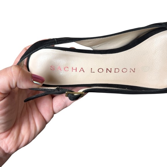 Sacha London Black Suede Leather Peep Toe Slingback Heels Bow Size 6 Evening - Picture 12 of 12